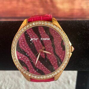 Betsy Johnson Pink Zebra Leather Rhinestone Bling Gold Tone Watch